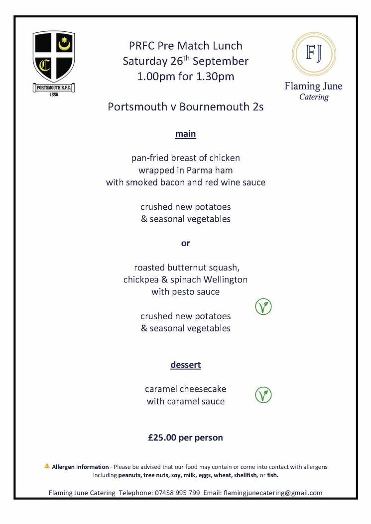 Pre Match Lunch Menu